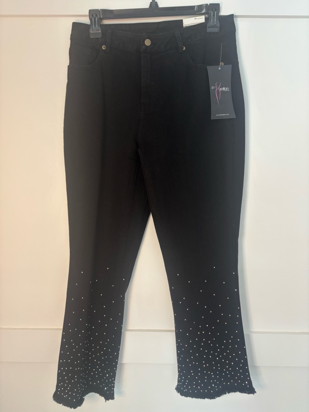 Slim Sation by Multiples Stretch Black Rhinestone Hem Women’s Jeans size 4P NEW